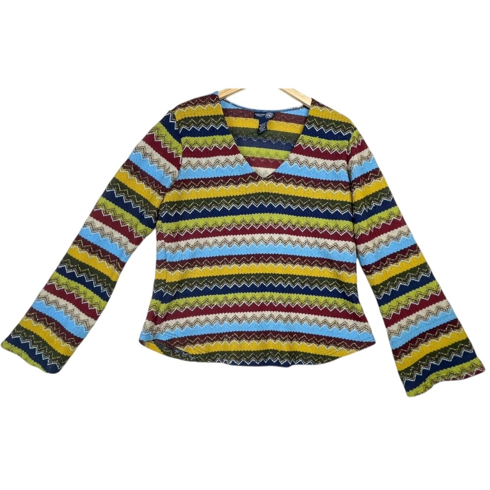 Vtg 80s 90s Venezia Top Women 14/16 Zig Zag Stripe Multi Color Hippie Boho USA